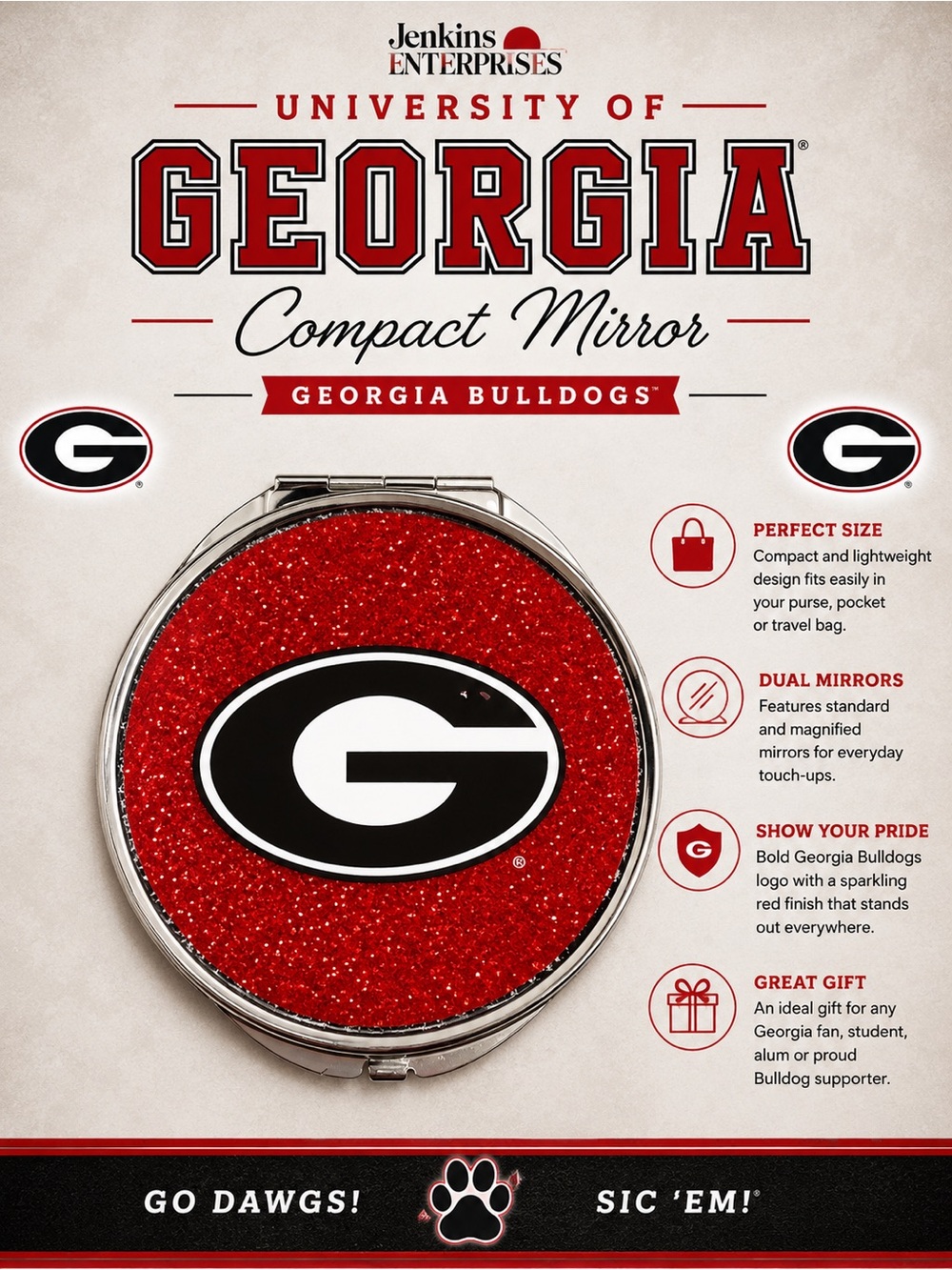 University of Georgia Red Glitter Compact Mirror “G”